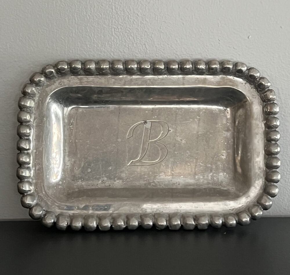 Biltmore Home “B” Server Pewter Beaded Tray Crackers Soap Trinket Dish 10x6.5”